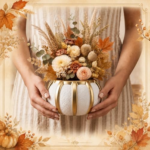 Beeveer 3.7 Inch Ceramic Pumpkin Vase, White and Gold Striped Flower Vase
