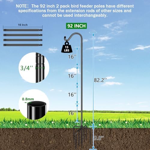 FEED GARDEN Shepards Hooks for Outdoor Bird Feeder Pole 92 Inch Adjustable Tall Heavy Duty Shepherds Hooks for Hanging Plant Baskets, Solar Lights, Wedding Decor, Lanterns, Black (2 Pack)