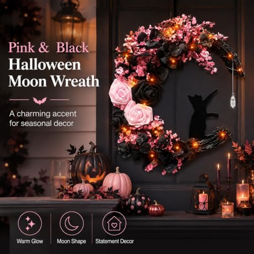 Pink Halloween Wreath with Lights, Moon Cat Wreath for Front Door