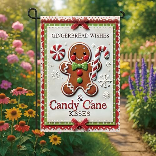 Christmas Garden Flag Gingerbread Man Candy Cane Wishes 12x18 Inch Double Sided Outdoor Winter Holiday Yard Banner Peppermint Cute Festive Lawn Decoration for Porch Patio Garden