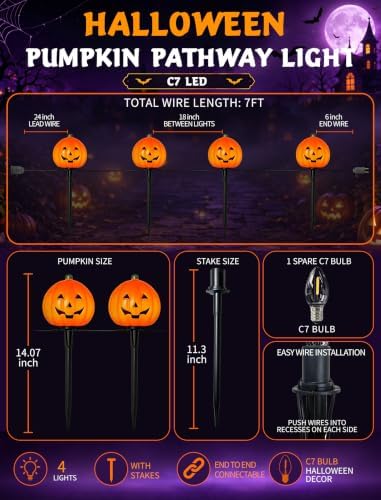 Halloween Pumpkin Pathway Lights, 4 Pack LED Yard Stake Lights Decor