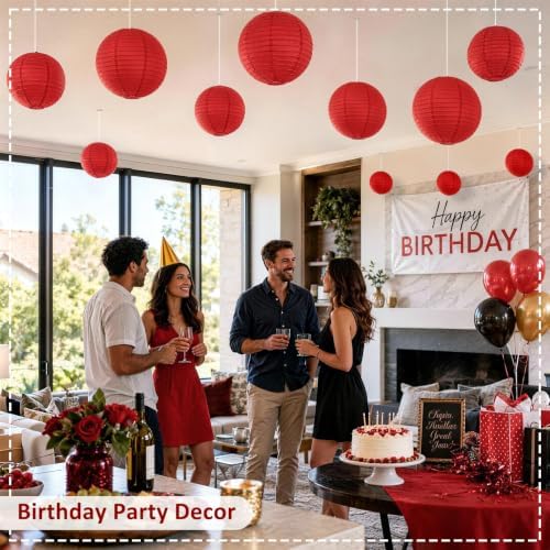 Red Paper Lanterns, 12Pcs 6-10 Inch Round Hanging Party Decorations