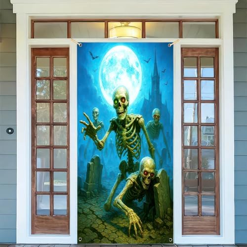 BlissYard Halloween Skeleton Graveyard Door Cover 35x71 Inch Polyester
