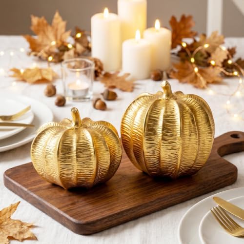 Gold Pumpkins Fall Decor, 2Pcs Decorative Pumpkin Figurine for Thanksgiving
