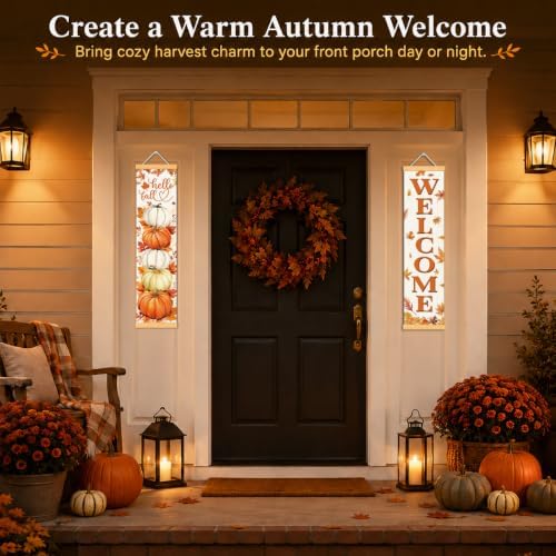 Hello Fall Pumpkin Door Banner Set of 2, Welcome Porch Decor for Home