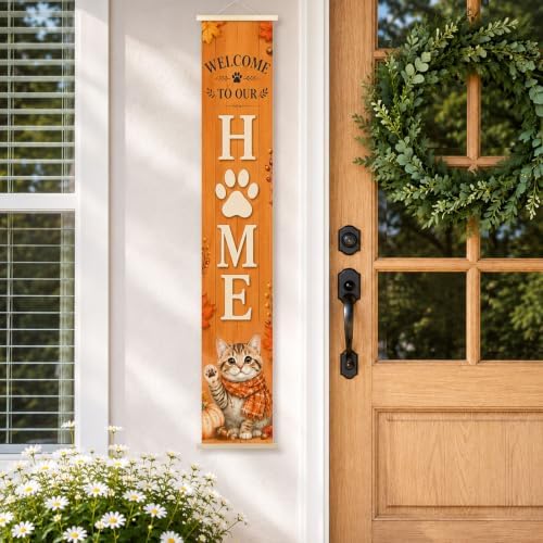 Fall Cat Welcome to Our Home Porch Door Banner Wall Decorations 8x47