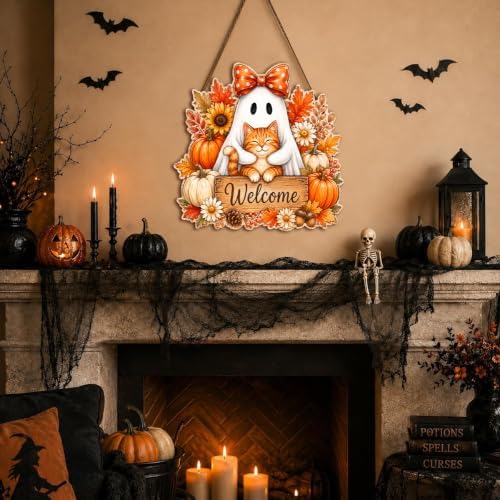 Halloween Door Wreath, Wooden Ghost Cat Welcome Door Wall Sign