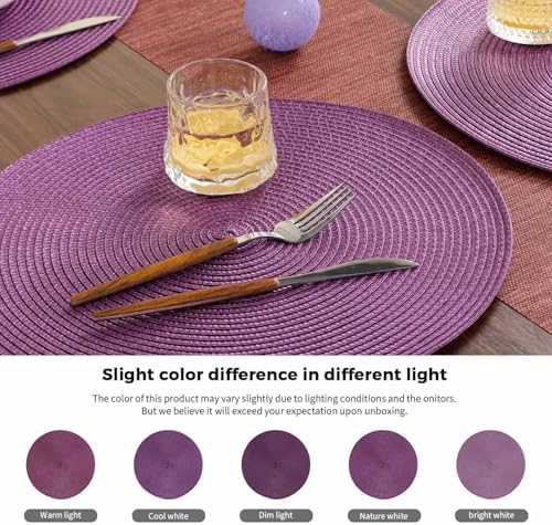 FunWheat Round Braided Placemats Set of 6 Table Mats for Dining Tables Woven Washable Non-Slip Place mats 15 inch(Purple, 6pcs)