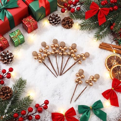 Tatuo 360 Pcs Glossy Gold Holly Berries, 60 Stems Winter Table Decor