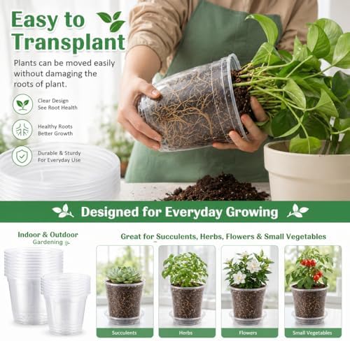 30 Pack 7/6/5/4/3 Inch Clear Nursery Pots with Drainage and Saucer, Plastic Pots for Planter, Clear Potting Pots for Succulents, Flower, Small Herbs, Indoor Outdoor Gardening