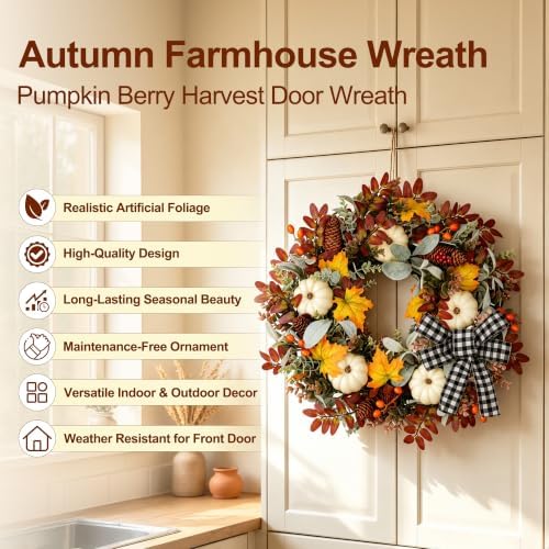 24" Fall Wreaths for Front Door Outside Pumpkin Autumn Wreath