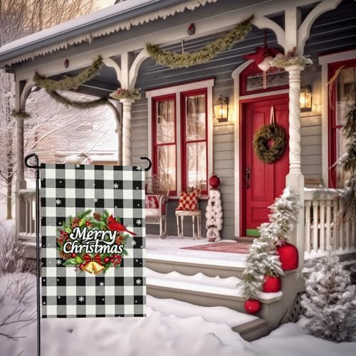 Xmas Garden Flag 12x18 Inch Black White Buffalo Plaid Small Flags for Outside Winter Holiday Welcome Garden Flags Double Sided Christmas Decor for Outdoor Garden Yard