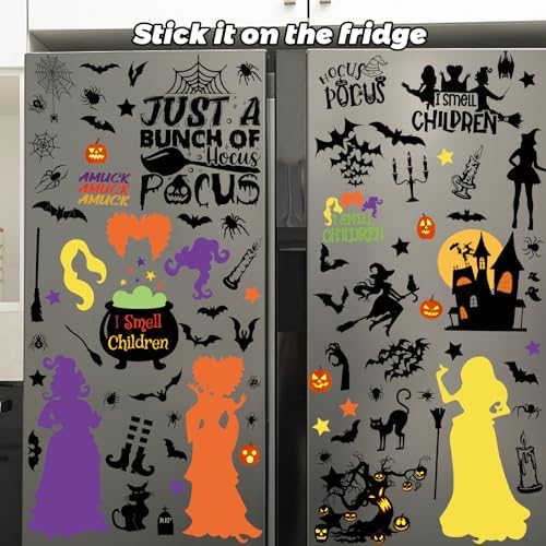 92Pcs Halloween Window Clings - Hocus Pocus Window Clings,I Smell Children Witch Clings for Glass Windows,Reusable Double Sided Static Window Stickers for Halloween Decorations(9 Sheets)