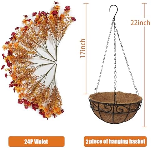 2 Set Artfiticial Fall Hanging Baskets Outdoor,Autumn Porch Decor,YellowRed