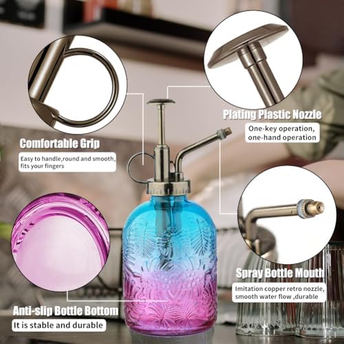 35 oz/1000 ml Metal Indoor Small Watering Can with Long Spout for House Plants Decorative, 12 oz/360 ml Glass Plant Mister Spray Bottle for Bonsai Garden Flowers