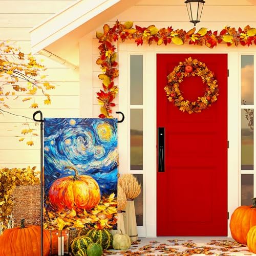 Fall Pumpkin Garden Flag Autumn Golden Leaf Yard Flags Van Gogh Oil Painting House Banner Art Starry Night Sky Moon Thanksgiving Harvest Garden Flags for Outside Porch Lawn Decor 12 x 18 Inch
