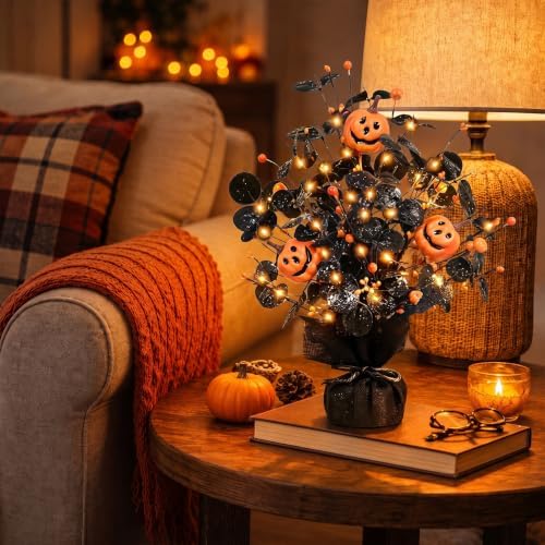 2Pack Lighted Halloween Table Tree, Halloween Pumpkin Decorations for Home