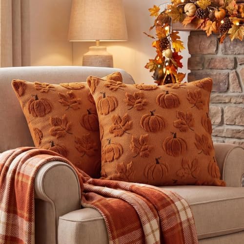 Fall Throw Pillow Covers 18x18 Set of 2 Double-Sided Maple Pumpkin Covers