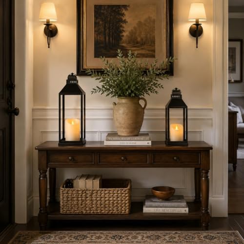 Decorative Lanterns Indoor Outdoor, 2Pcs 17" 13" Black Lantern with Candles