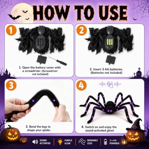 5 FT Light Up Giant Spider,Sound-Activated Halloween Decorations Outdoor