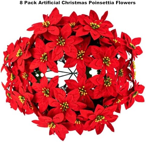 8 Pack Artificial Poinsettia Flowers, Large Red Velvet Poinsettia Bush Stems 11.8 Inch with 7 Flower Heads, Faux Xmas Flowers Picks with Green Leaves for Christmas Tree, Wreath, Garland, Vase Décor