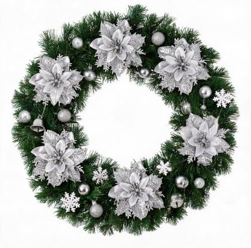 30PCS Artificial Christmas Poinsettia Flowers with Clips and Stems, 5.5 Inch Glitter Silver Xmas Tree Decorations, Holiday Poinsettia Picks Ornaments for Christmas Tree, Wreaths, Garlands & Home