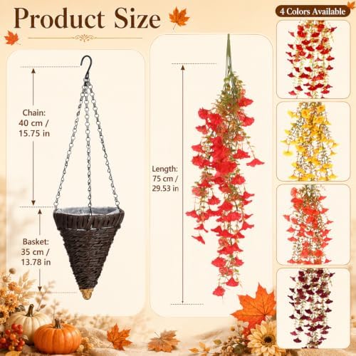 Pinkunn 2 Pack Artificial Fall Hanging Flower Basket for Outdoor Fall Decor