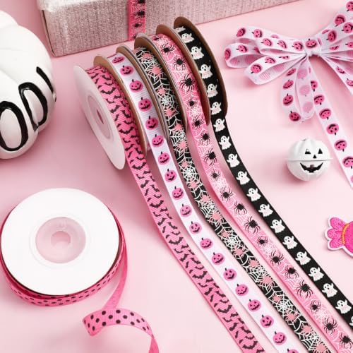 DECYOOL Pink Halloween Ribbon, 6 Rolls 60 Yards Spooky Grosgrain Ribbons