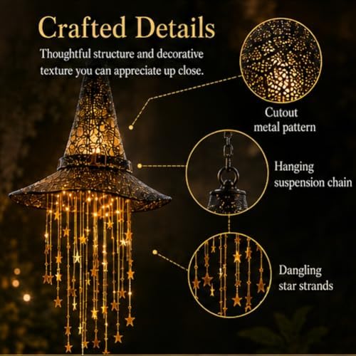 Lighted Witch Hat Hanging Chime, Halloween Outdoor Ornament, Glowing Mesh Cascading Stars, Black Frame Decoration, Party Decor, Flying, LED Lighted Window Tree Displays(3pcs)