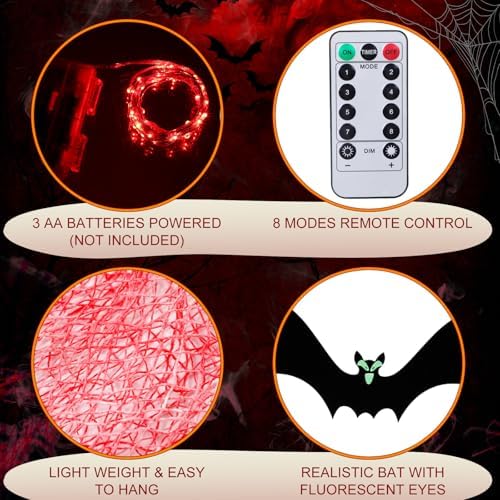 Lyrow 24 Pcs Halloween Hanging Bats with LED Lights and Halloween Creepy Cloth Decoration Flying Realistic Fake Spooky Black Bats with Cute Glowing Eye Stickers and LED Lights for Party Decor(Red)