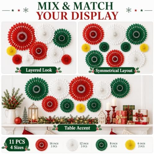 Christmas Hanging Honeycomb Round Paper Fans Decoration Winter Theme Tissue Paper Fan Garland for Shower Birthday Graduation Wedding Party Supplies 11 Count