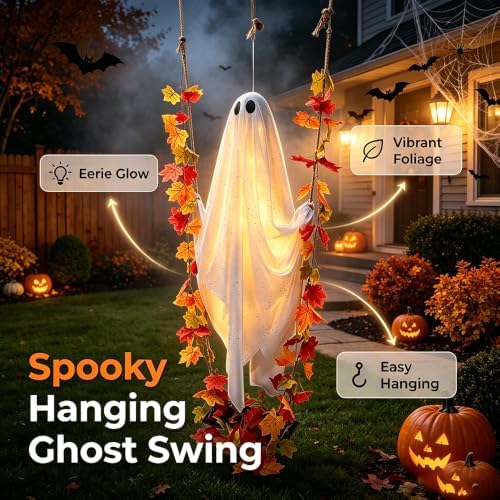 Halloween Hanging Swing Ghost, Light-Up Outdoor Halloween Decor (70.86in)
