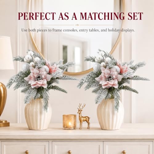 2 Pack Christmas Bouquet Pink Winter Artificial Flowers Xmas Decor