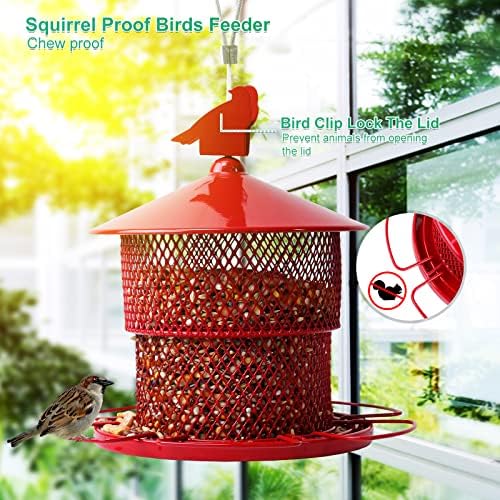 Bird Feeders for Outdoor Hanging,Large Metal Bird Feeders Squirrel Proof Mesh Tube Wild Bird Feeder,Finch Seed Feeder with 4lbs Capacity for Cardinal Chickadee Blue Jay(Red)