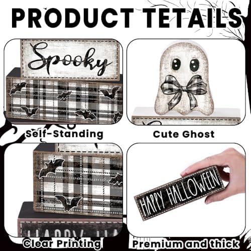 4Pcs Halloween Table Decoration Happy Halloween Ghost Wooden Block Sign