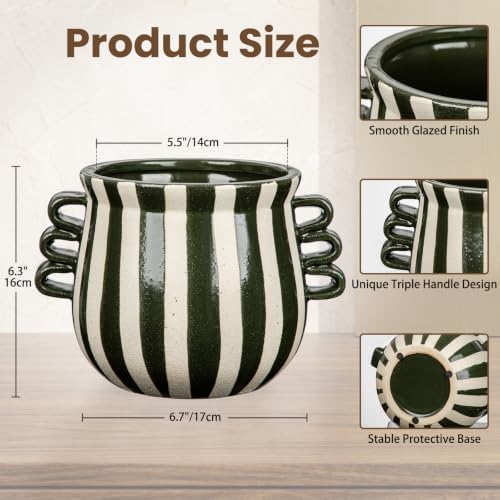 Ceramic Planter Pot Modern Striped Triple Handle Flower Pot No Drainage