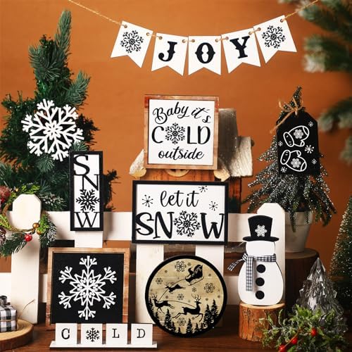 Fairysandy 15 Pcs Christmas Snowman Tiered Tray Decor Winter Wooden Sign