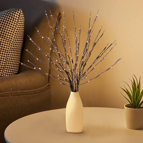 MENCH 3 Pcs*2 Twig Lights, Portable Battery Holder & Batteries Included, Lighted Branches for Vase, USB Plug-in Prelit Twigs, 60 Warm White LED Indoor Decor Lights