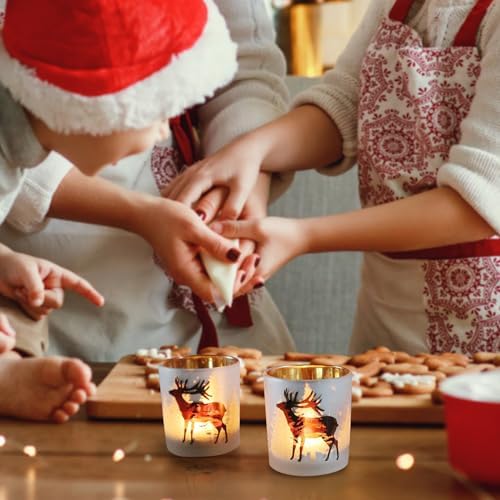 SHMILMH Christmas Votive Candle Holders Set of 4, Gold and Silver Glass Tealight Candle Holders for Xmas Table Centerpiece Decorations, Christmas Candle Jar for Candle Making