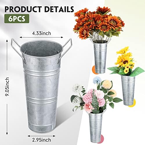 Chumia 6 Pcs Galvanized Metal Flower Buckets with Handles, Silver, 9 Inch