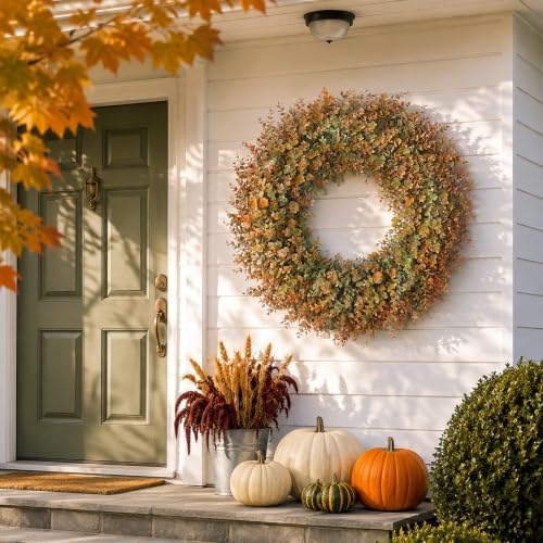 32" Large Fake Eucalyptus Fall Wreath for Front Door Decor(Orange-Green)