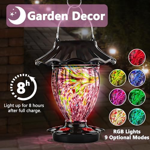 LUJII Solar Powered Hummingbird Feeder for Outside Hanging, Trophy Shaped Hand Blown Glass, Weatherproof, Lighted Lantern for Garden Decor, 32 fl.oz, Never Leak, Unique Gift for Bird Lover(Purple)