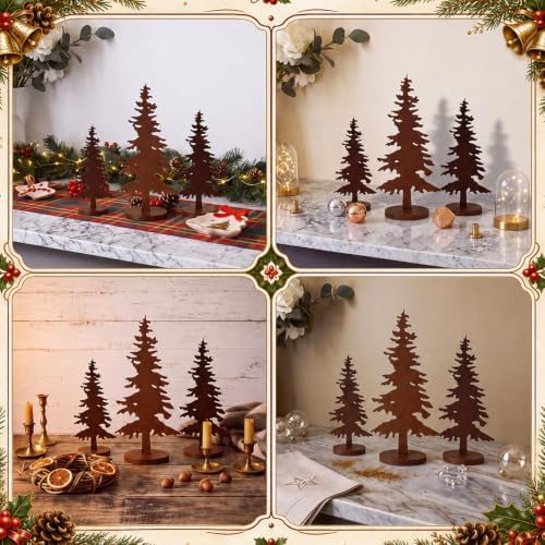 Shimeyao 3 Pcs Metal Pine Tree Decor, Rusty Christmas Decor with Wood Base