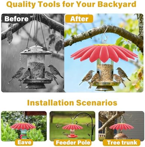 10.5 inch Hummingbird Feeder Shade Dome Cover,Rain Guard,Weather Guard for Bird Feeder, Umbrella Cover for Bird House for Outdoor,Squirrel Baffle,Flower Design(Red) 4 Pack.