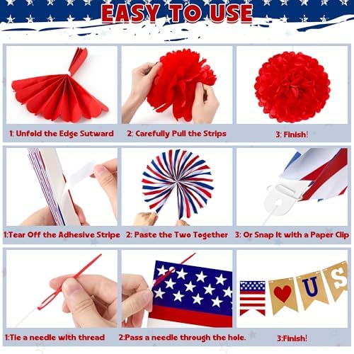 26 PCS 4th of July Decorations, 250th Memorial Day Red White Blue Paper Fans Decorations, 4th of July Banner Pompom Garland and Hanging Swirls Set for Fourth of July Independence Day Decor