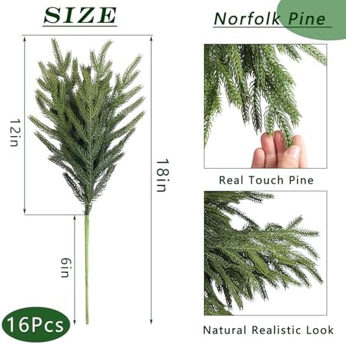 16Pcs 18"Lifelike Touch Artificial Norfolk Pine Branches for Vase Christmas