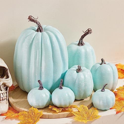 Halloween Autumn Harvest Festival 7 Artificial Pumpkins of Various Styles Decorate Rural Style Farmhouses Foam Pumpkins Thanksgiving Dinner Party Home Festival Autumn Decoration (Light Blue)