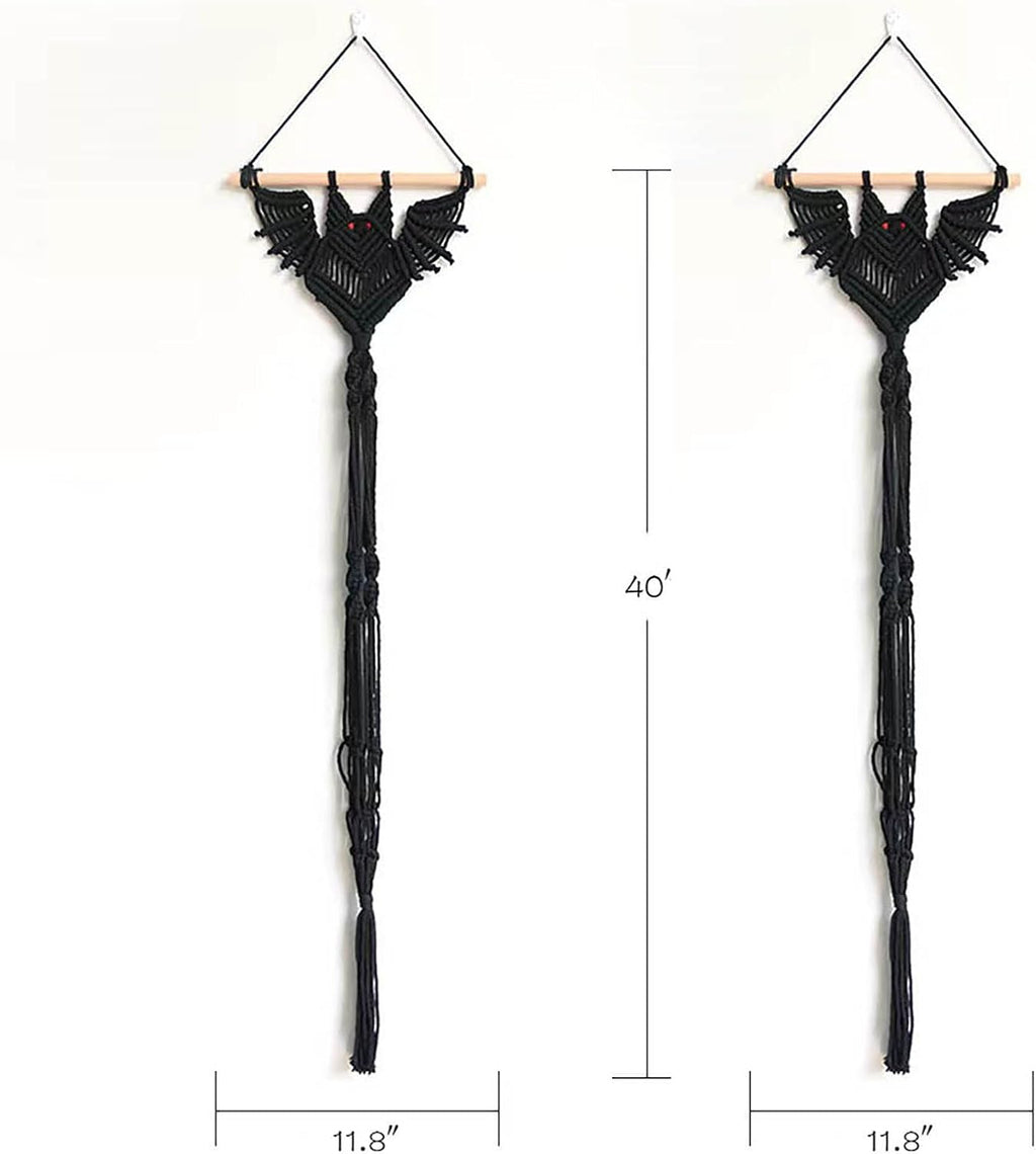 2-Pack Boho Bat Shape Gothic Plant Hanger, Macrame Handmade Pot Holder with Wooden Stick, Black Color Pot Holder for
