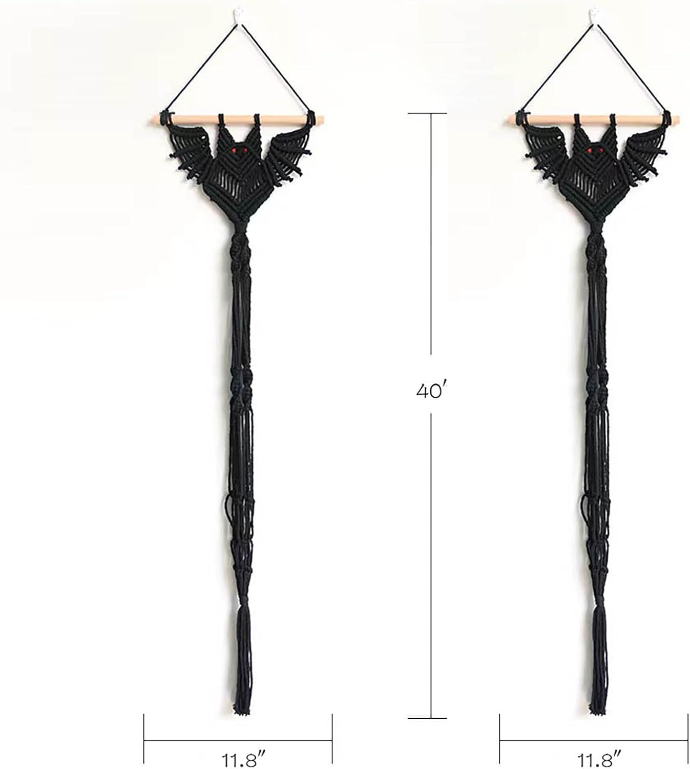 2-Pack Boho Bat Shape Gothic Plant Hanger, Macrame Handmade Pot Holder with Wooden Stick, Black Color Pot Holder for