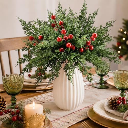45PCS Artificial Christmas Pine Branches with Red Berry Stems